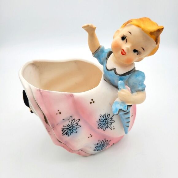 Vintage Velco Ceramic Girl Planter with Pink and Blue Accents - Picture 2 of 16